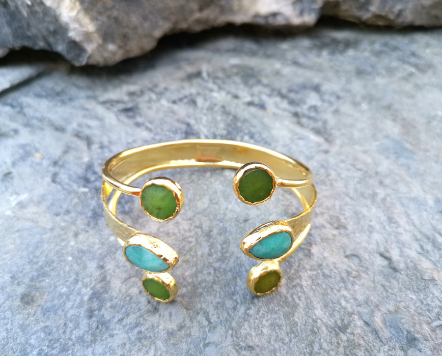 Gold Plated Brass Bracelet with Green and Turquoise Gemstones Adjustable SR5