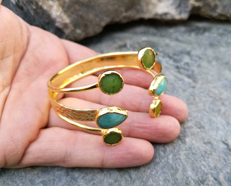 Gold Plated Brass Bracelet with Green and Turquoise Gemstones Adjustable SR5