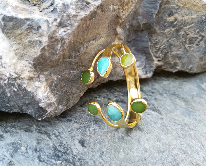 Gold Plated Brass Bracelet with Green and Turquoise Gemstones Adjustable SR5