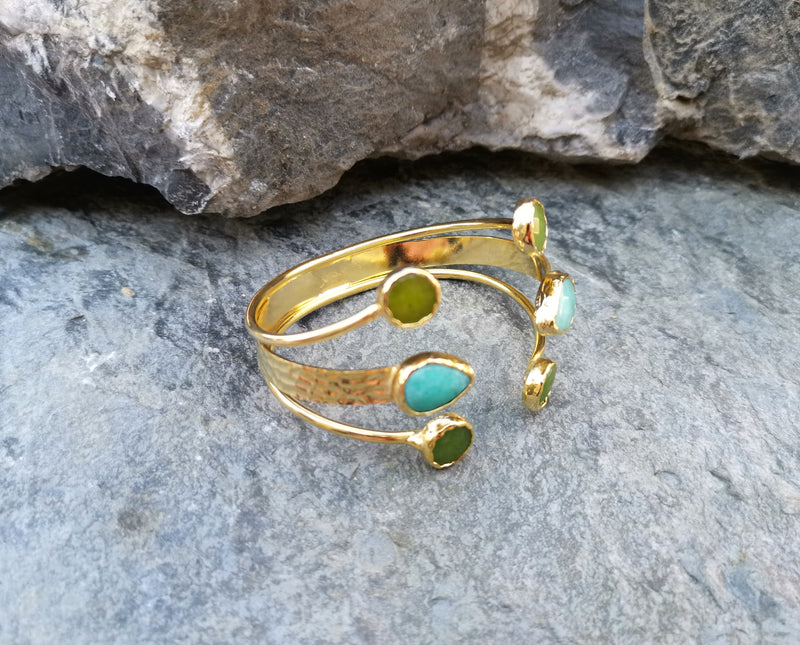 Gold Plated Brass Bracelet with Green and Turquoise Gemstones Adjustable SR5