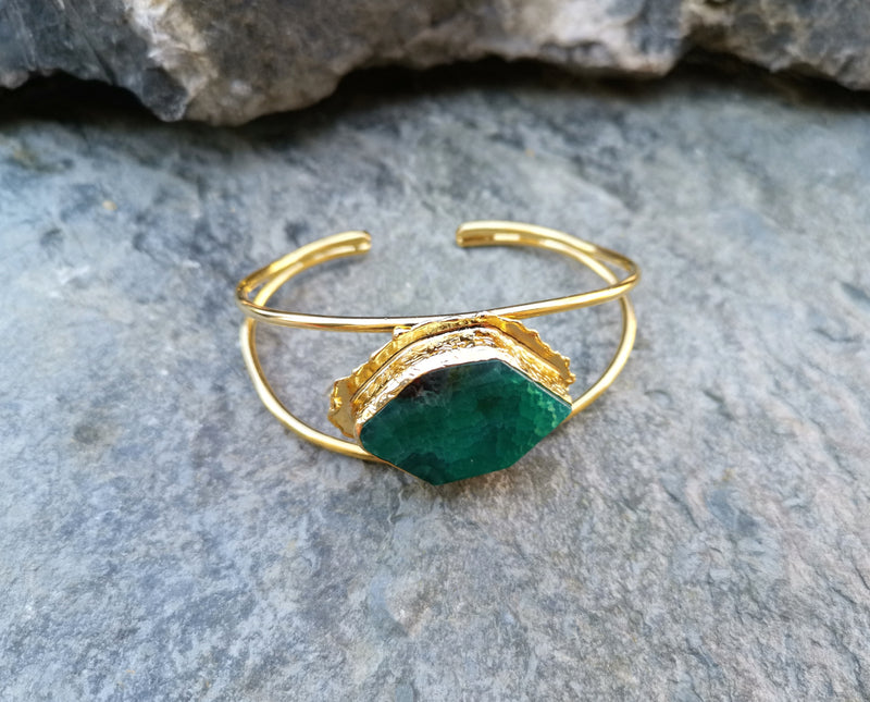 Gold Plated Brass Bracelet with Green Agate Adjustable SR6