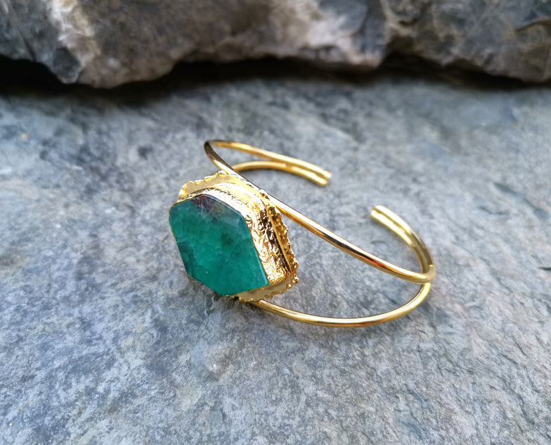 Gold Plated Brass Bracelet with Green Agate Adjustable SR6
