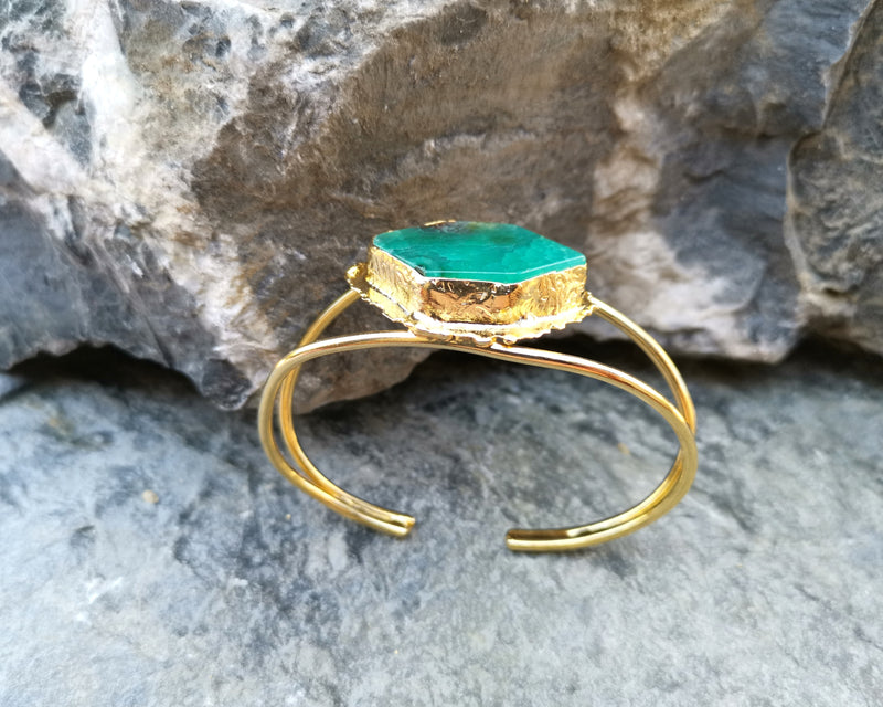 Gold Plated Brass Bracelet with Green Agate Adjustable SR6