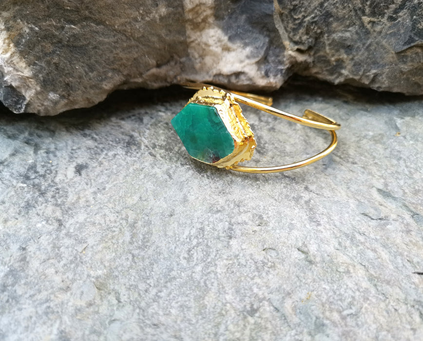 Gold Plated Brass Bracelet with Green Agate Adjustable SR6