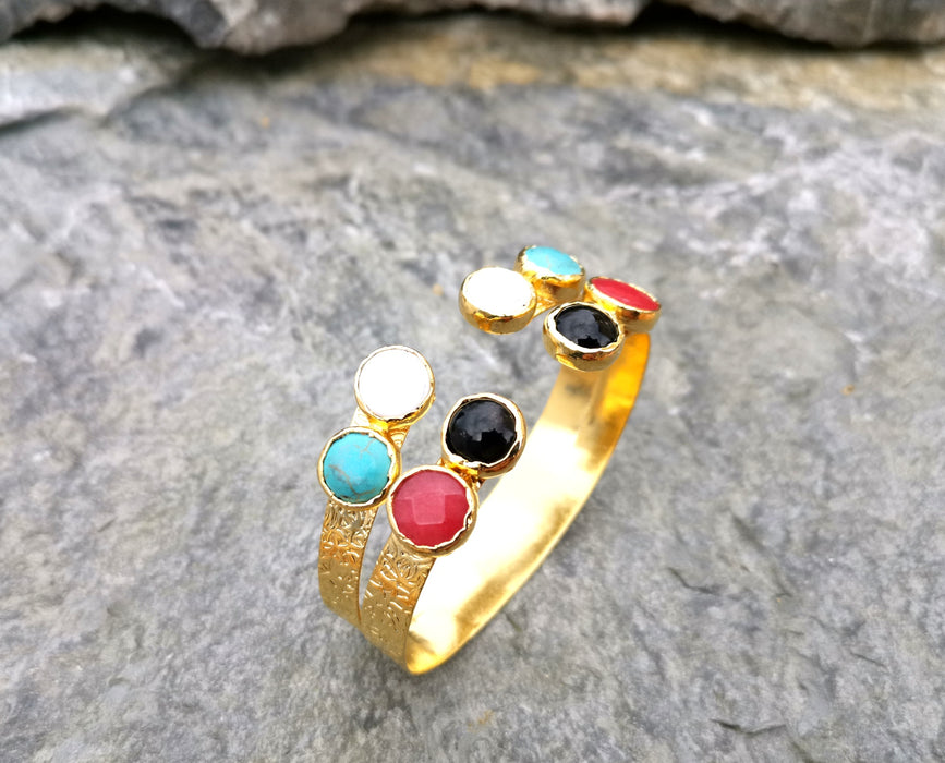 Bracelet with Colored Gemstones and Real Pearls Gold Plated Brass Adjustable SR59