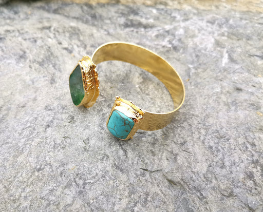 Bracelet with Turquoise and Green Agate Gemstones Gold Plated Brass Adjustable SR64