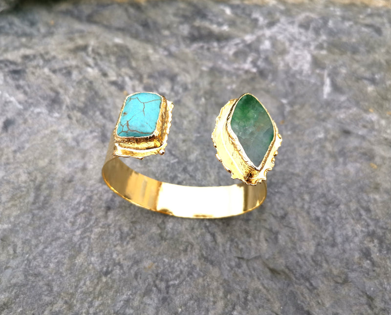 Bracelet with Turquoise and Green Agate Gemstones Gold Plated Brass Adjustable SR64