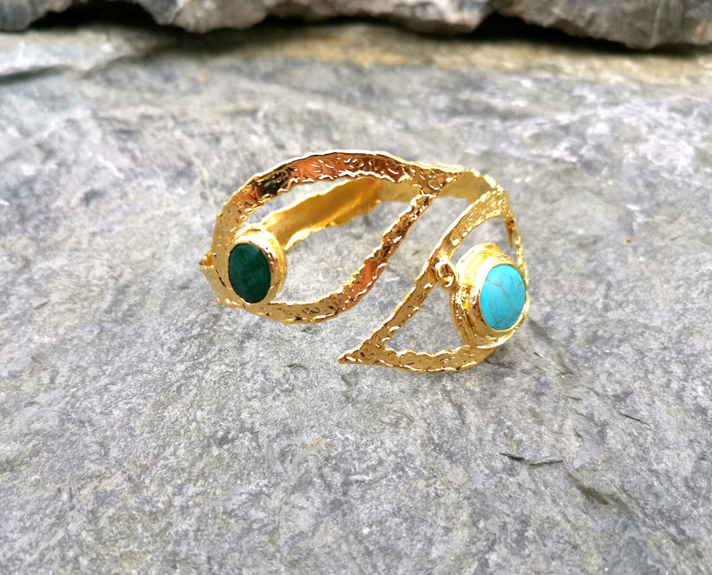 Bracelet with Green and Turquoise Gemstones Gold Plated Brass Adjustable SR68