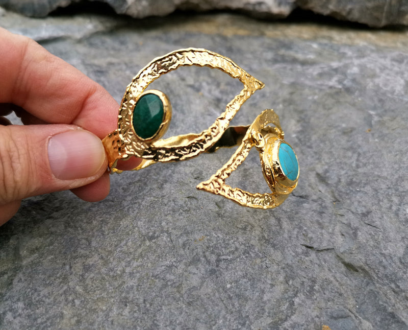 Bracelet with Green and Turquoise Gemstones Gold Plated Brass Adjustable SR68