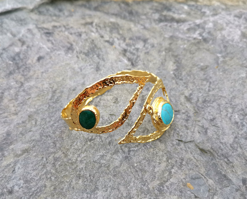 Bracelet with Green and Turquoise Gemstones Gold Plated Brass Adjustable SR68