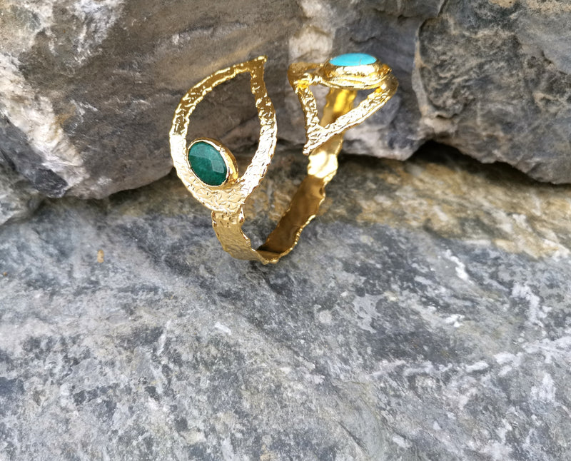 Bracelet with Green and Turquoise Gemstones Gold Plated Brass Adjustable SR68