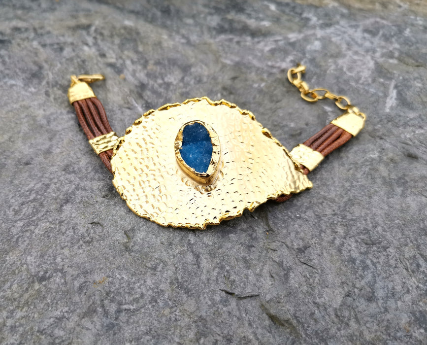 Eye Bracelet with Blue Agate Gemstone Gold Plated Brass Adjustable SR75