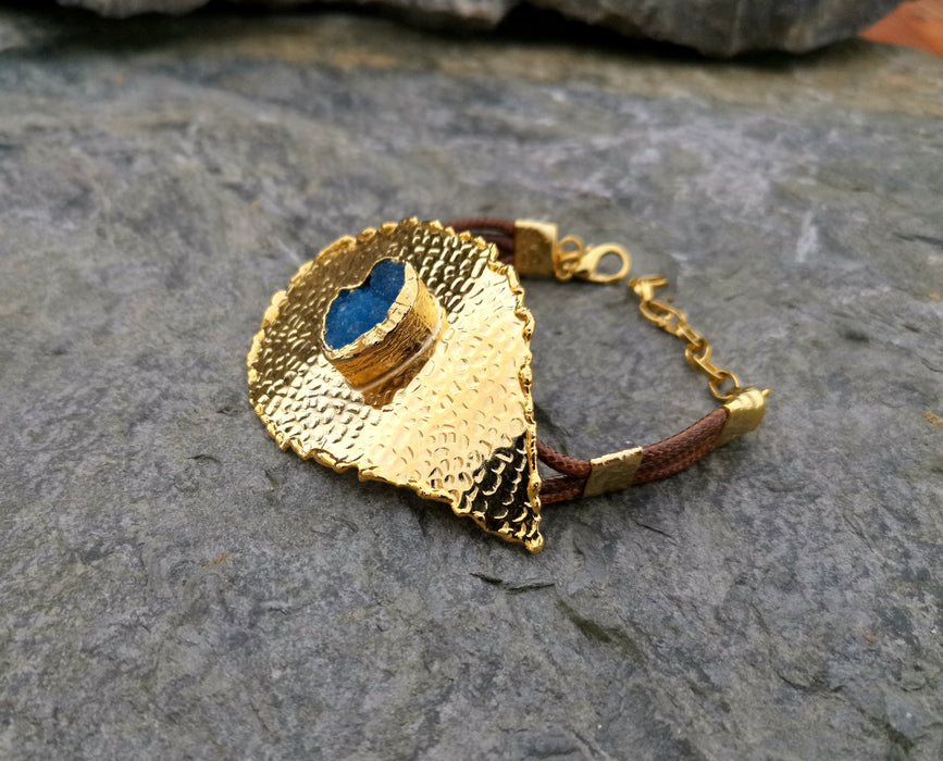 Eye Bracelet with Blue Agate Gemstone Gold Plated Brass Adjustable SR75