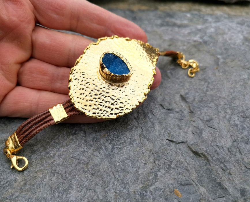 Eye Bracelet with Blue Agate Gemstone Gold Plated Brass Adjustable SR75
