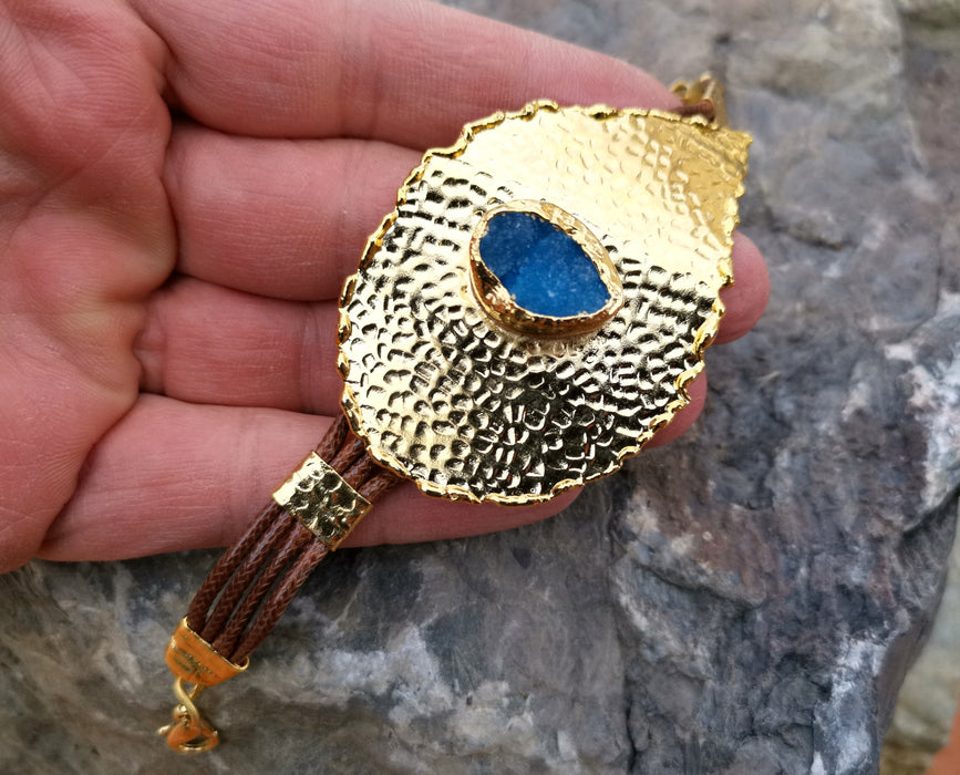 Eye Bracelet with Blue Agate Gemstone Gold Plated Brass Adjustable SR75