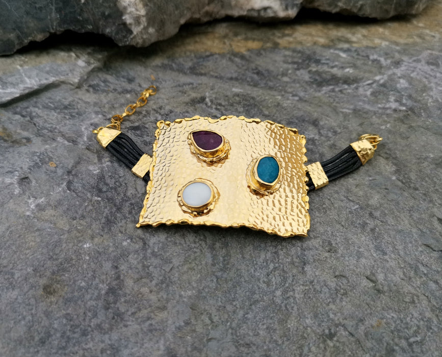 Rectangle Bracelet with Colored Agate Gemstones and Real Pearl Gold Plated Brass Adjustable SR76