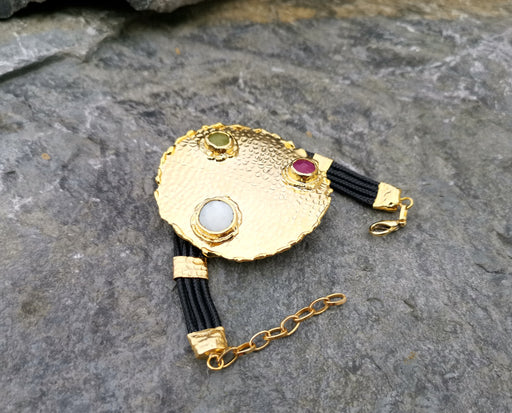 Round Bracelet with Colored Agate Gemstones and Real Pearl Gold Plated Brass Adjustable SR77