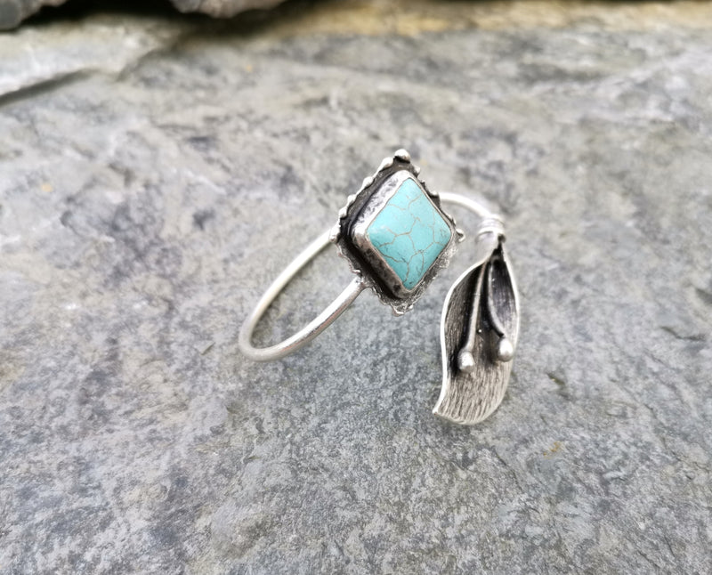 Leaf Bracelet with Turquoise Agate Gemstones Antique Silver Plated Brass Adjustable SR79