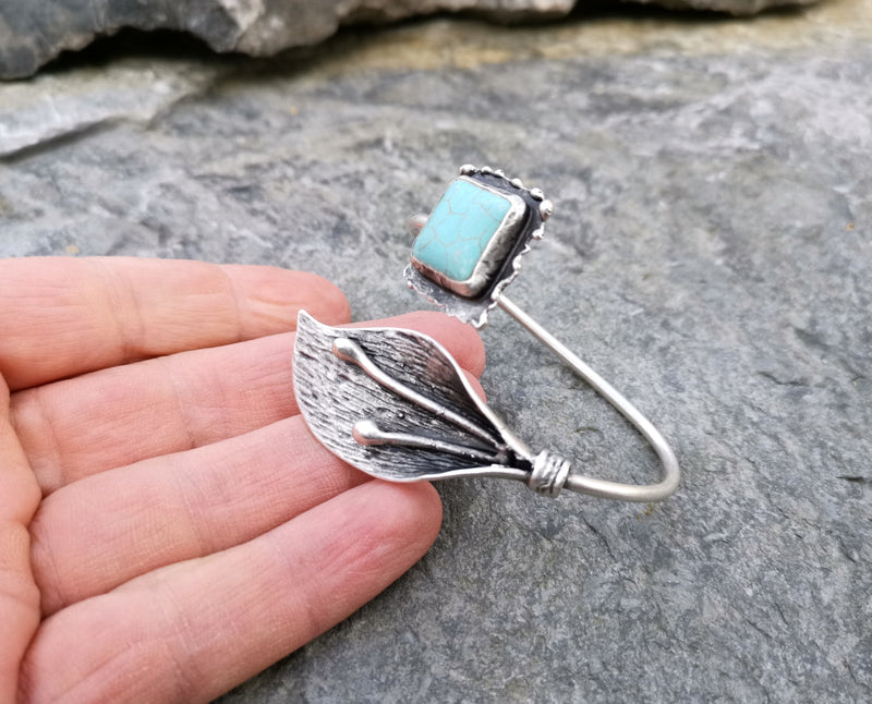 Leaf Bracelet with Turquoise Agate Gemstones Antique Silver Plated Brass Adjustable SR79