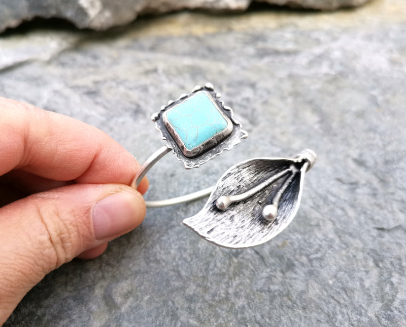 Leaf Bracelet with Turquoise Agate Gemstones Antique Silver Plated Brass Adjustable SR79