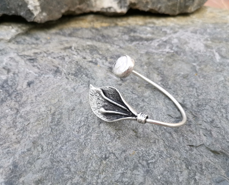 Leaf Bracelet with Real Pearl Antique Silver Plated Brass Adjustable SR80