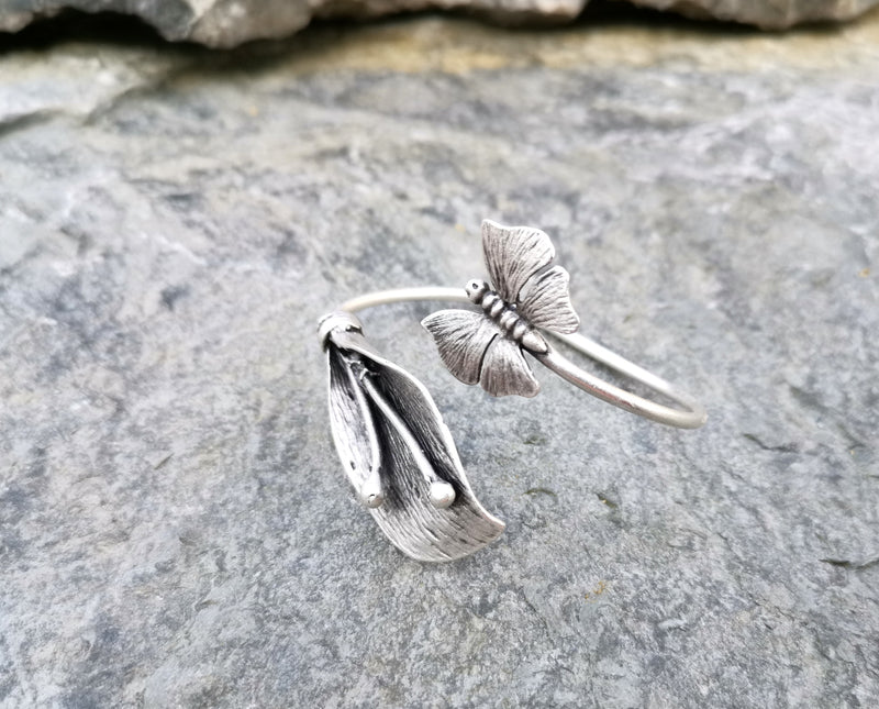 Leaf and Butterfly Bracelet Antique Silver Plated Brass Adjustable SR81