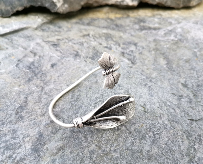Leaf and Butterfly Bracelet Antique Silver Plated Brass Adjustable SR81