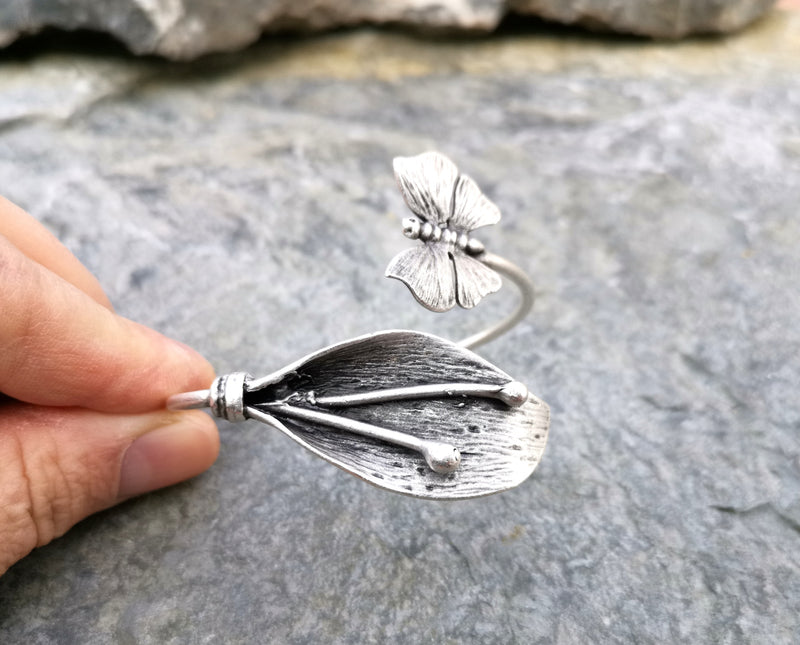 Leaf and Butterfly Bracelet Antique Silver Plated Brass Adjustable SR81