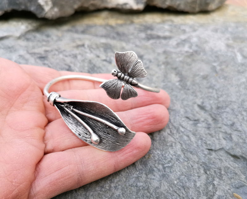 Leaf and Butterfly Bracelet Antique Silver Plated Brass Adjustable SR81