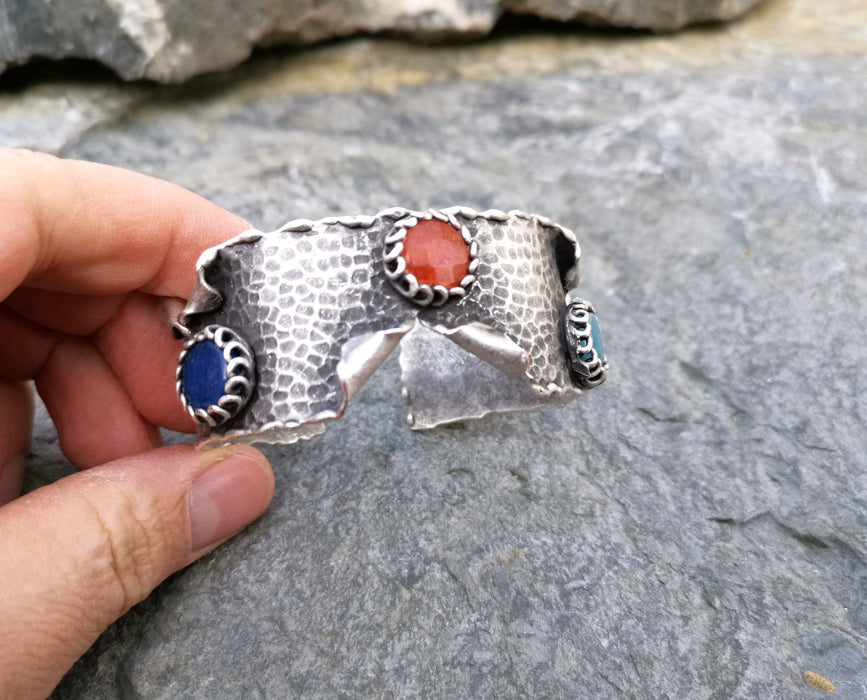 Folded Bracelet with Colored Agate Gemstones Antique Silver Plated Brass Adjustable SR82