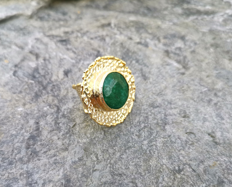 Ring with Green Agate Gemstone Gold Plated Brass Adjustable SR85