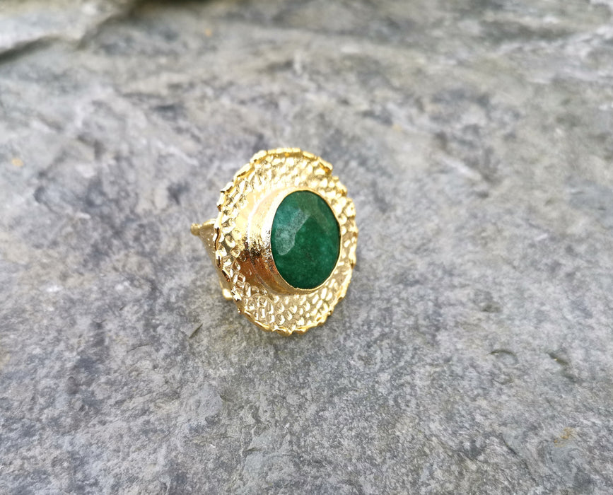 Ring with Green Agate Gemstone Gold Plated Brass Adjustable SR85