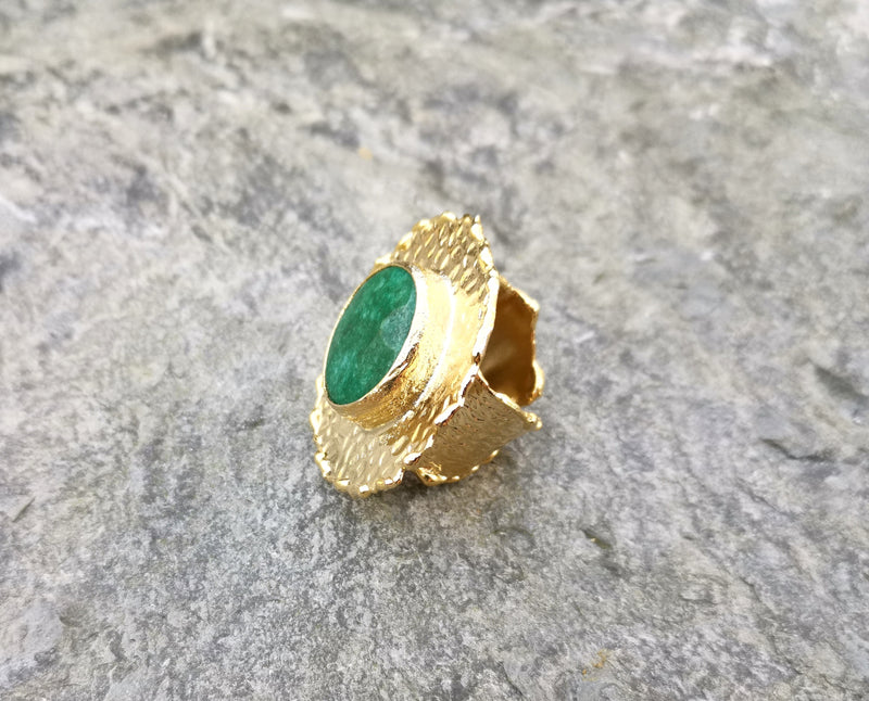 Ring with Green Agate Gemstone Gold Plated Brass Adjustable SR85