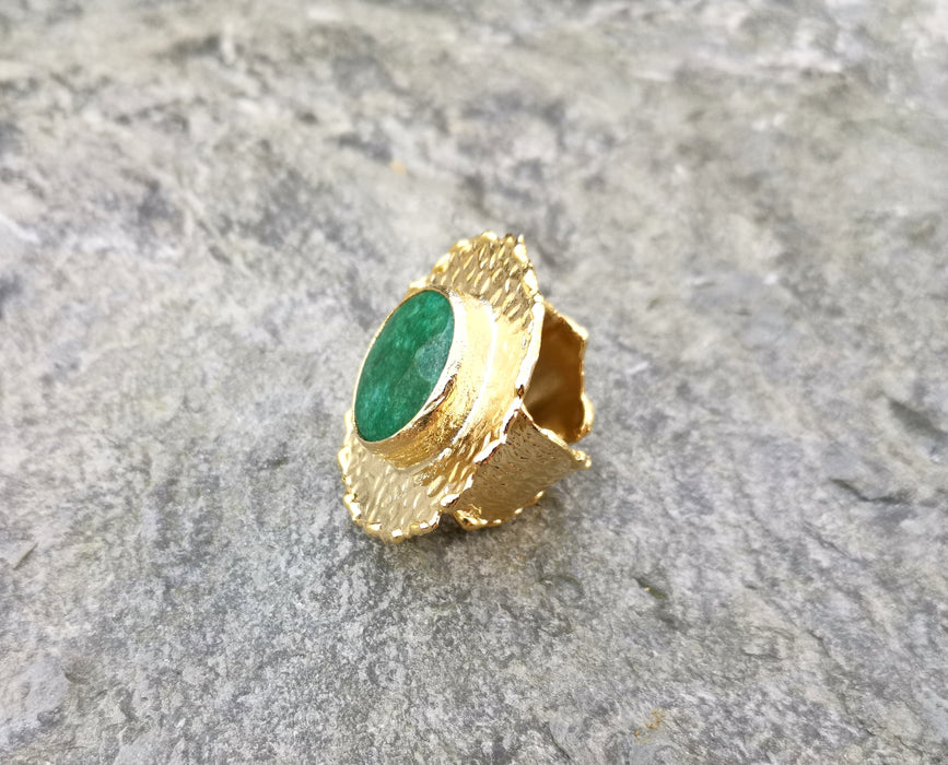 Ring with Green Agate Gemstone Gold Plated Brass Adjustable SR85