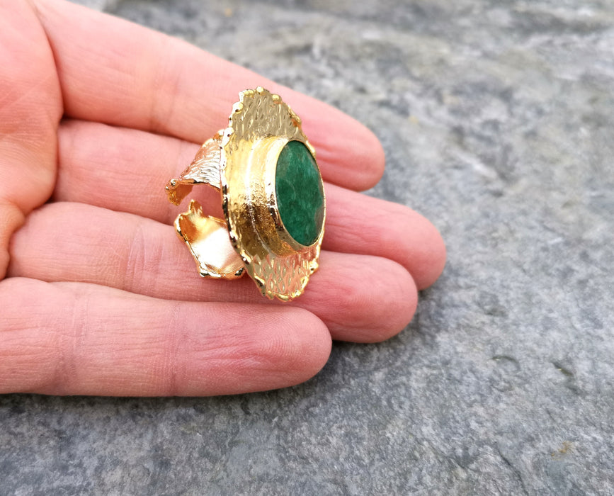 Ring with Green Agate Gemstone Gold Plated Brass Adjustable SR85