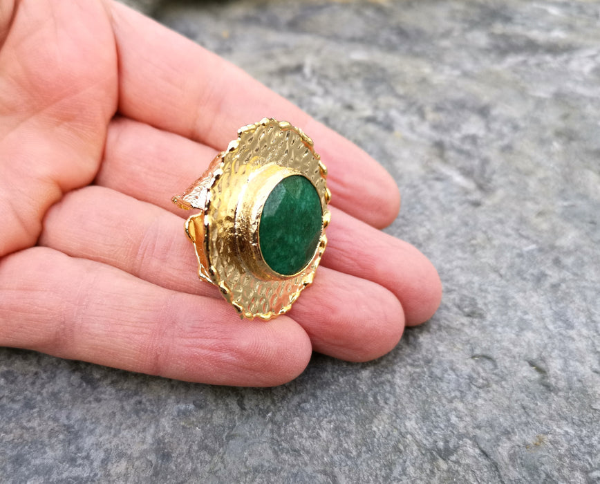 Ring with Green Agate Gemstone Gold Plated Brass Adjustable SR85