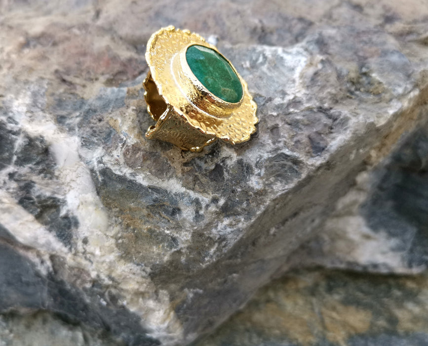 Ring with Green Agate Gemstone Gold Plated Brass Adjustable SR85