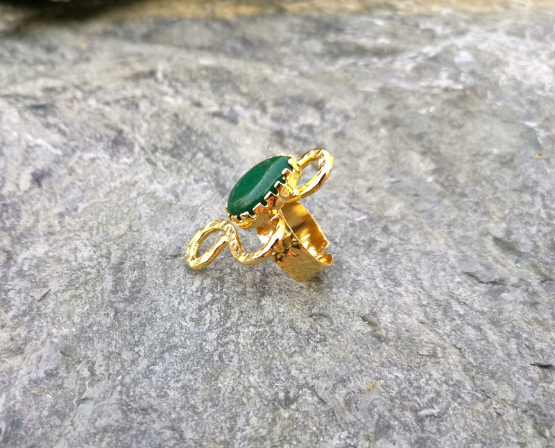 Ring with Green Agate Gemstone Gold Plated Brass Adjustable SR87