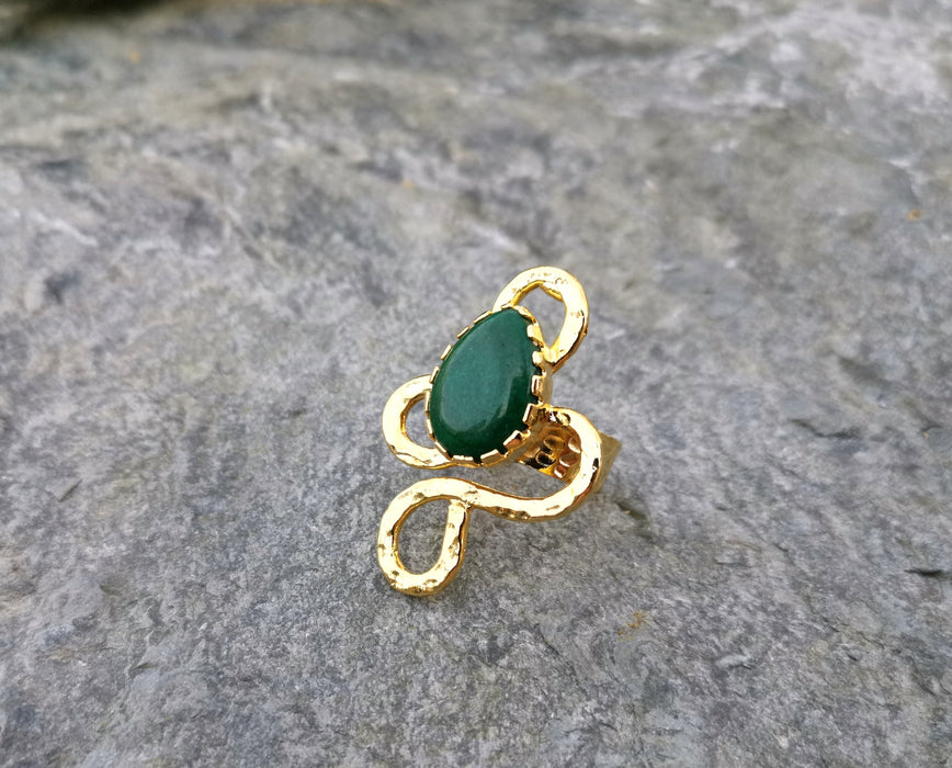 Ring with Green Agate Gemstone Gold Plated Brass Adjustable SR87