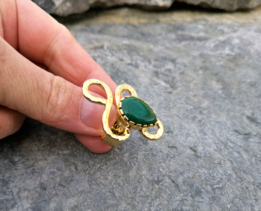Ring with Green Agate Gemstone Gold Plated Brass Adjustable SR87