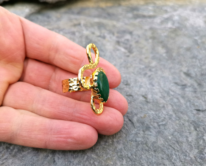 Ring with Green Agate Gemstone Gold Plated Brass Adjustable SR87