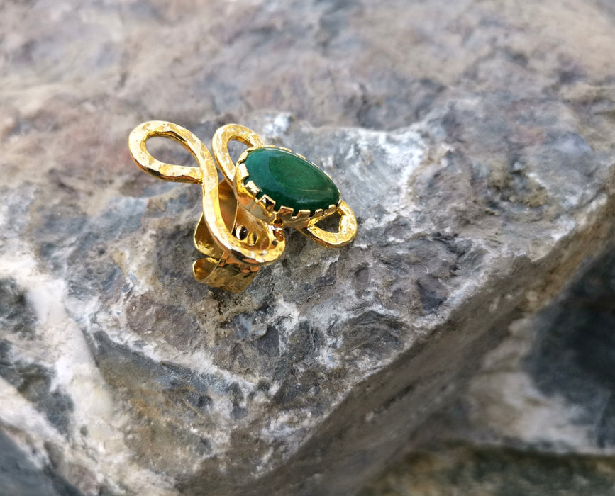 Ring with Green Agate Gemstone Gold Plated Brass Adjustable SR87