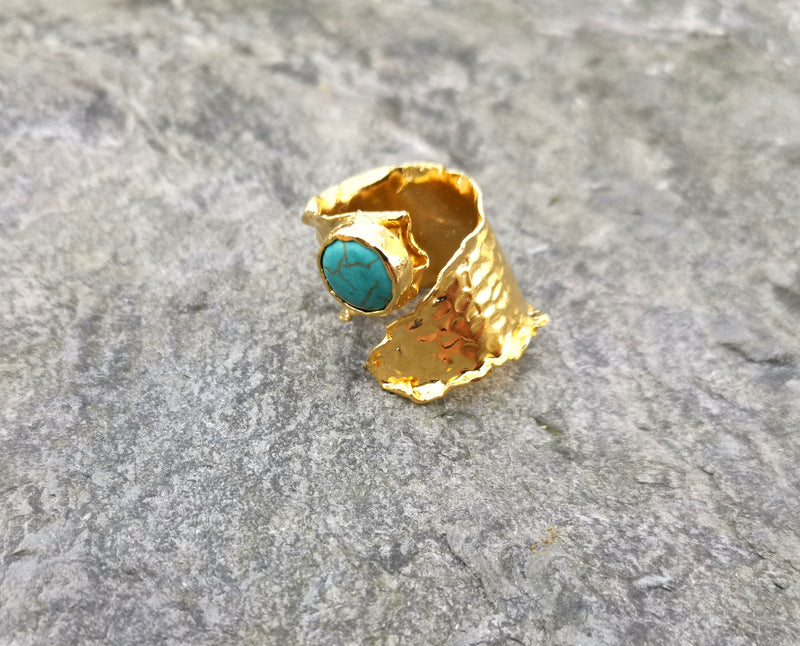 Ring with Turquoise Stone Gold Plated Brass Adjustable SR88