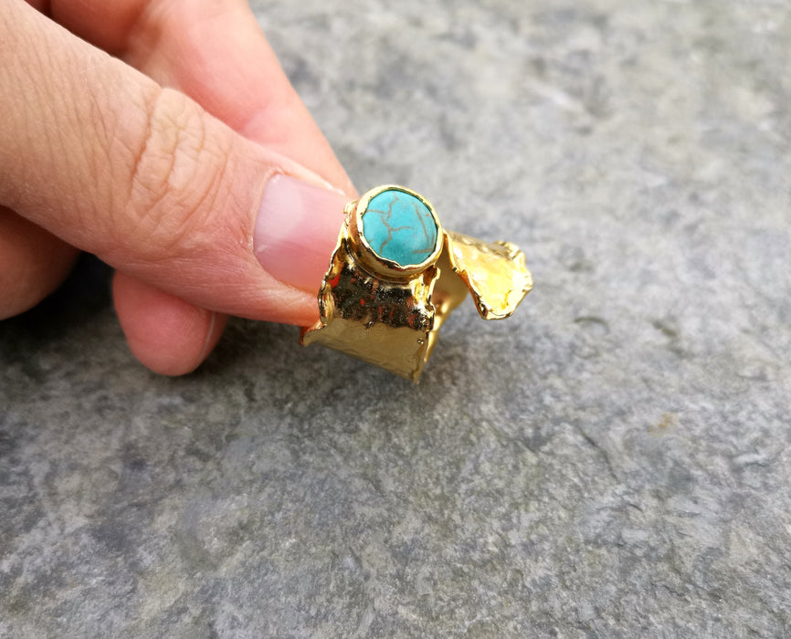 Ring with Turquoise Stone Gold Plated Brass Adjustable SR88