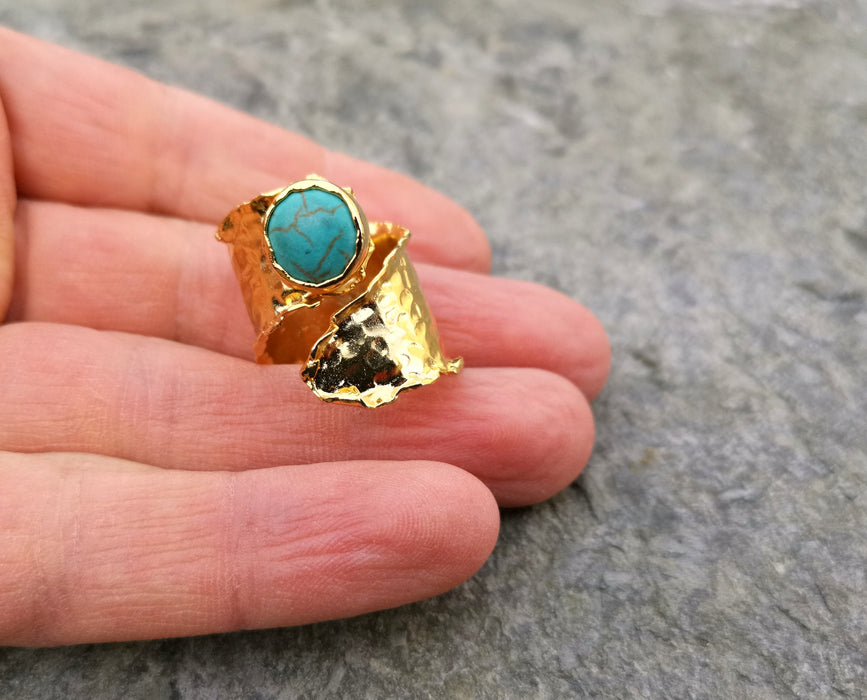 Ring with Turquoise Stone Gold Plated Brass Adjustable SR88