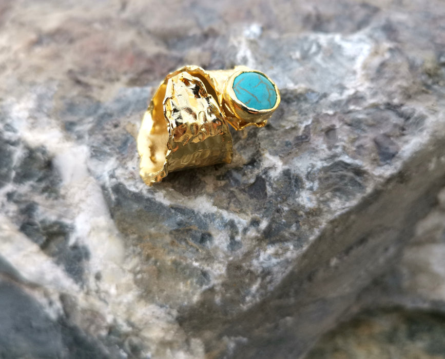 Ring with Turquoise Stone Gold Plated Brass Adjustable SR88