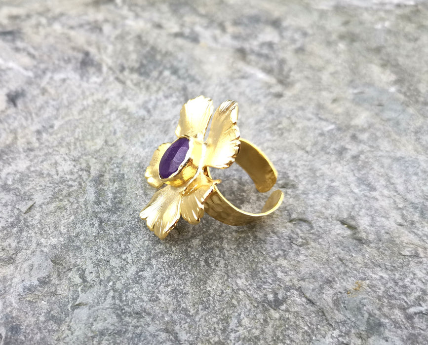 Flower Ring with Purple Stone Gold Plated Brass Adjustable SR89