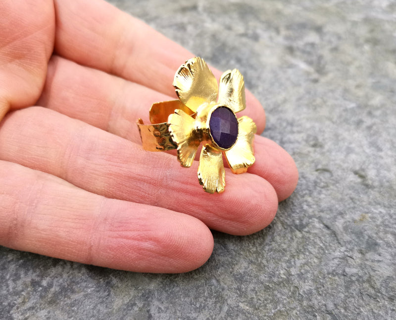 Flower Ring with Purple Stone Gold Plated Brass Adjustable SR89
