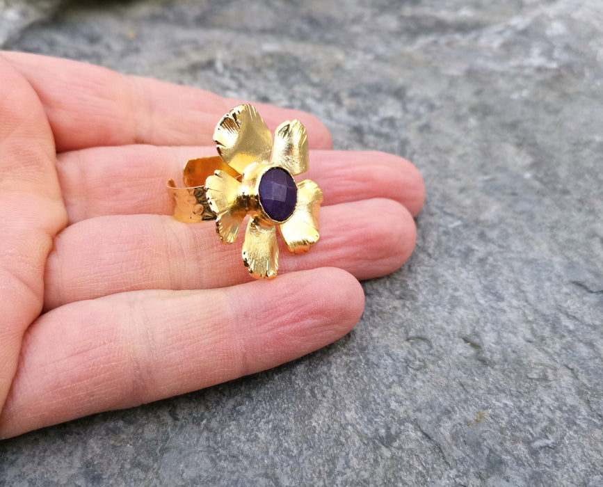 Flower Ring with Purple Stone Gold Plated Brass Adjustable SR89