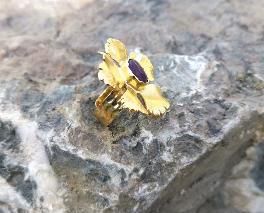 Flower Ring with Purple Stone Gold Plated Brass Adjustable SR89